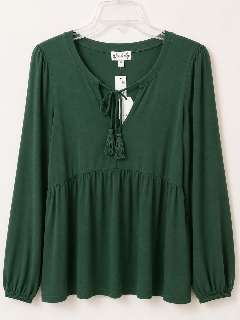 Wonderly Hunter Green Peasant Blouse Long Sleeve Boho Top - Size M NWT
